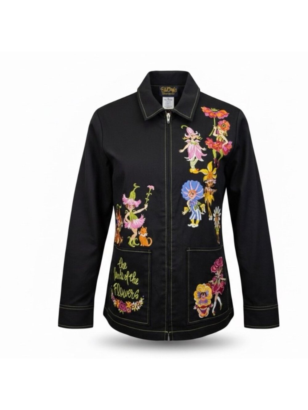 Bob Mackie Womens Black Floral Embroidered Jacket "Parade Of The Flowers"  Sz L